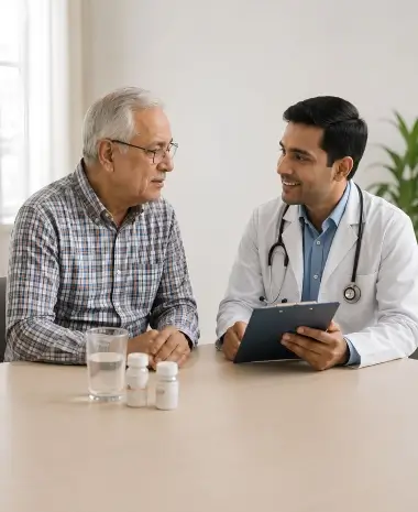Care attendant smiling with a senior man in a wheelchair at home