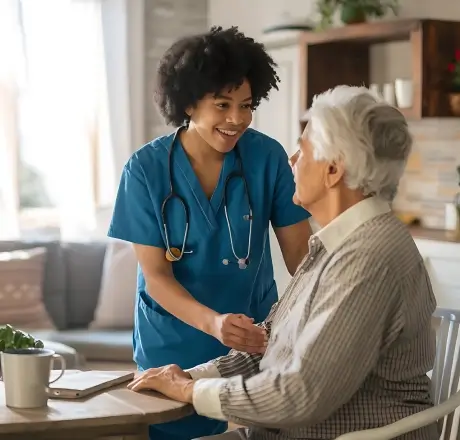 Caregiver and patient relaxing together in a comfortable living room
