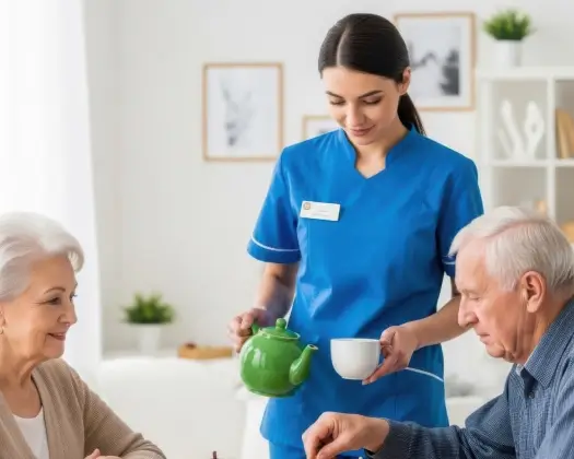 Caregiver helping a senior in a wheelchair at home
