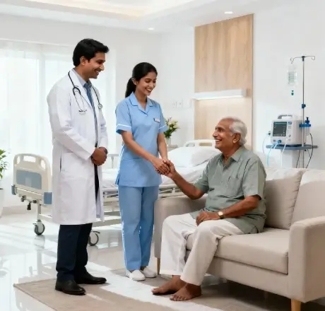 Smiling caregiver sitting beside a senior in a wheelchair
